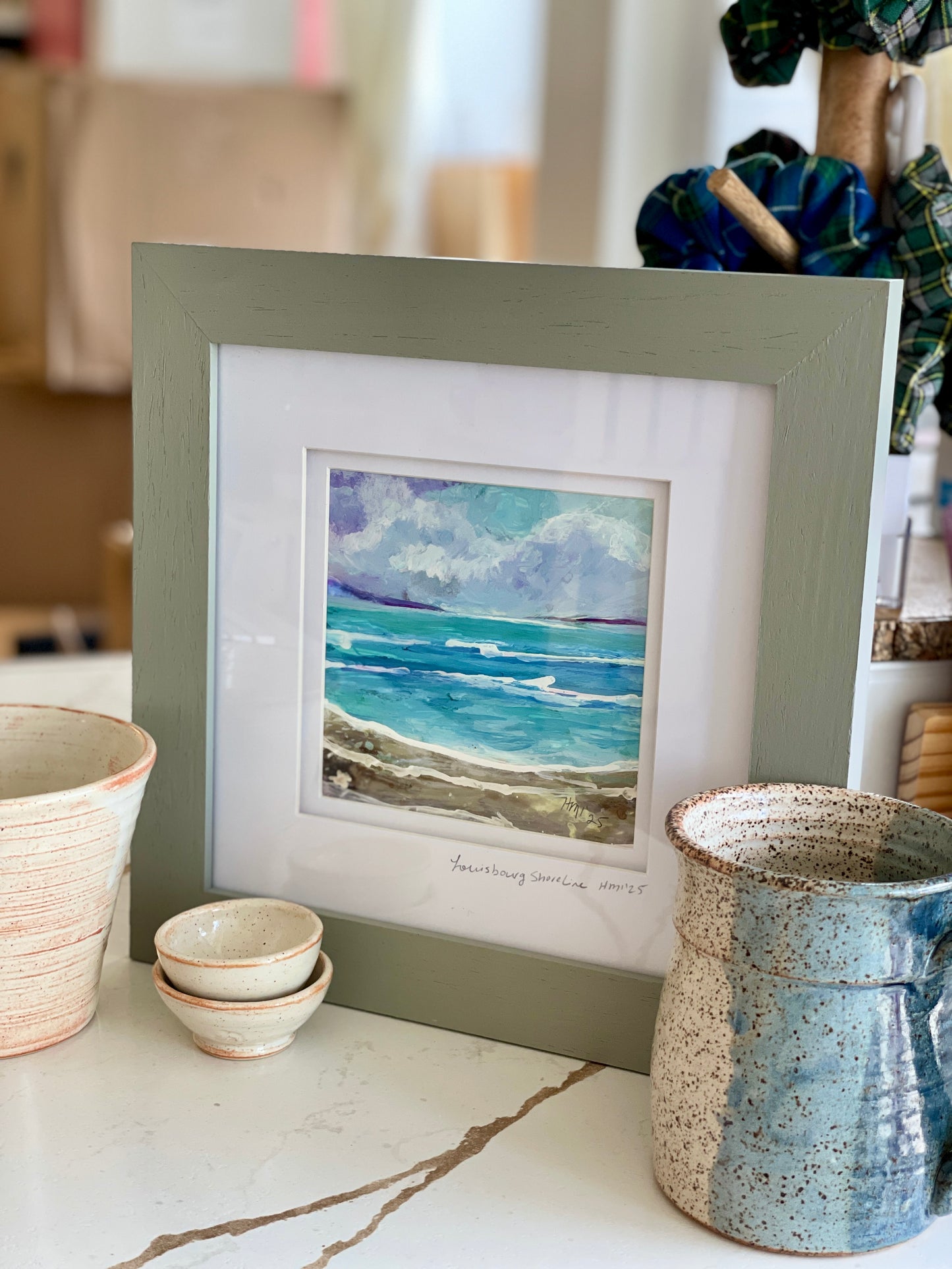 Custom sale: Heather MacIsaac Louisbourg Shoreline Painting & two local made pottery mugs