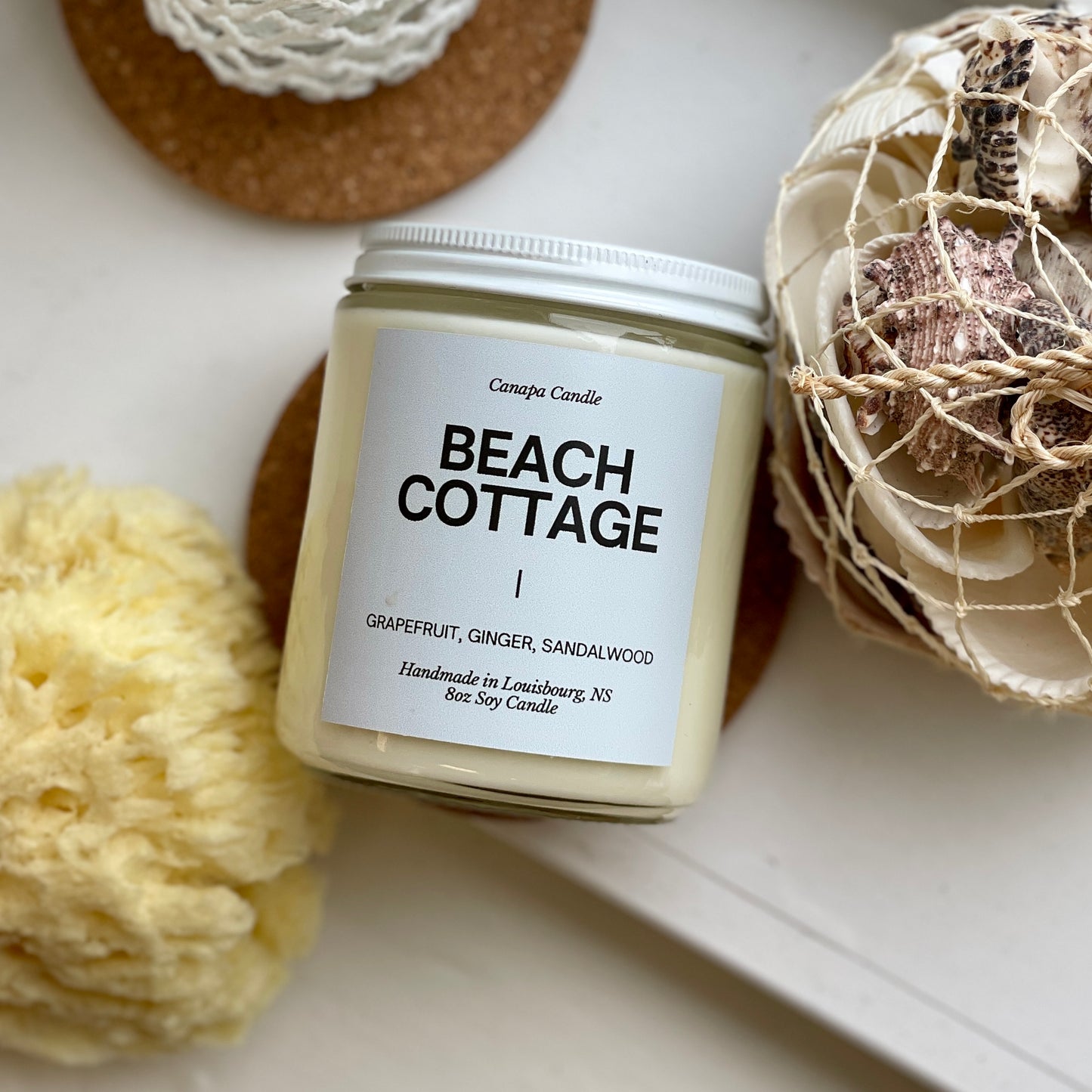 Beach Cottage Soy Candle Made in Louisbourg Cape Breton Island Nova Scotia Canada, smells like Grapefruit, Ginger and Sandalwood