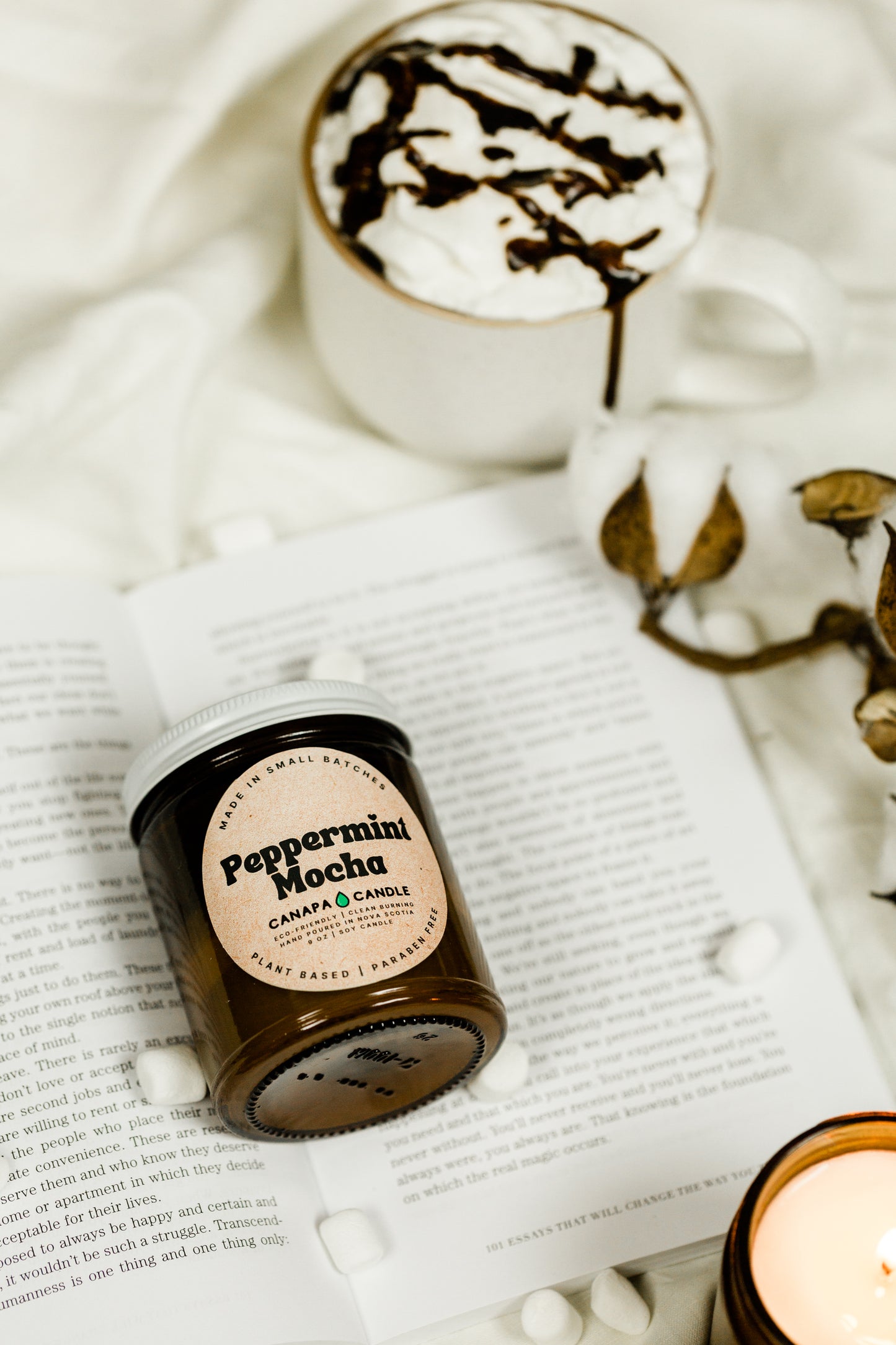 Peppermint Mocha 9oz Soy Candle made in Canada by Canapa Candle in Louisbourg, Cape Breton Island, Nova Scotia - Vegan, Paraben and Phthalate free