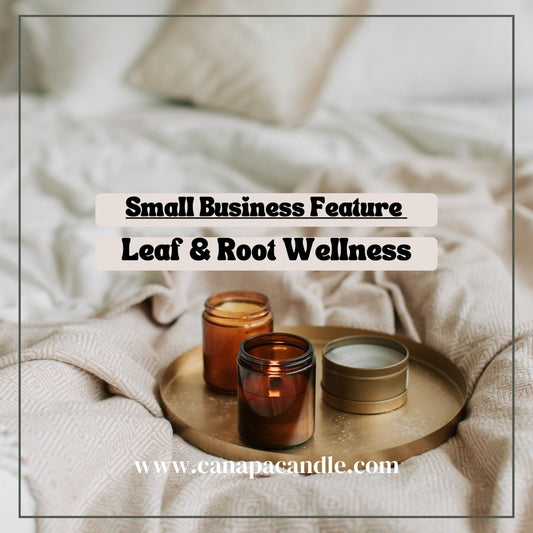 Candles on a tray on a bed for blog post featuring small business Leaf & Root Wellness