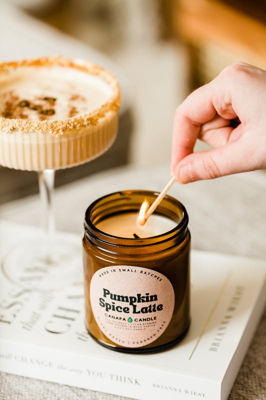 Pumpkin Spice Latte 9oz Soy Candle made in Canada by Canapa Candle in Louisbourg, Cape Breton Island, Nova Scotia - Vegan, Paraben and Phthalate free - Smells like:  Pumpkin Purée, Fall Spices, Maple, Espresso, Cream, Pecan
